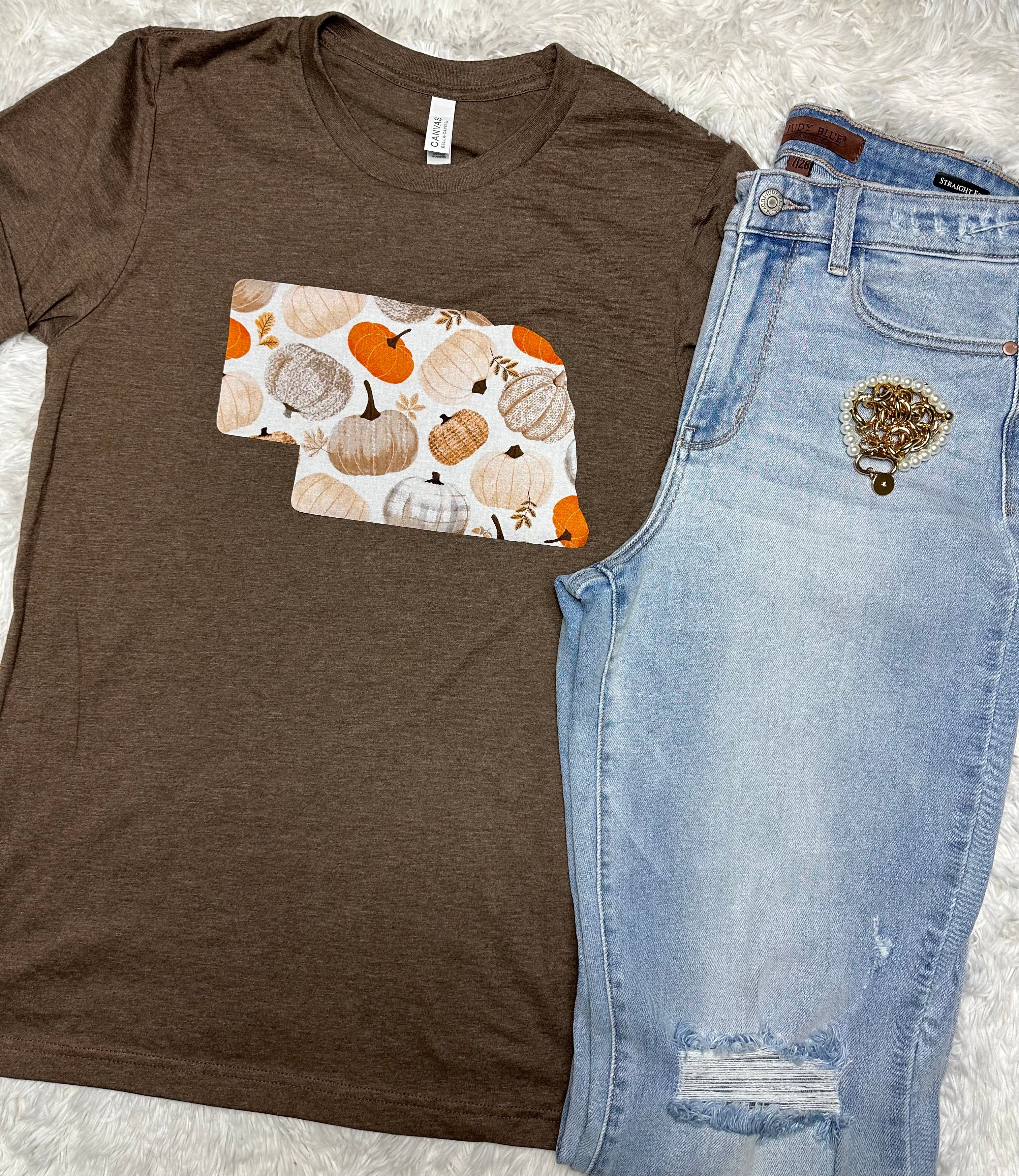 Pumpkin State Tee on a Bella + Canvas shirt, featuring a unique hand-sewn state fabric design.