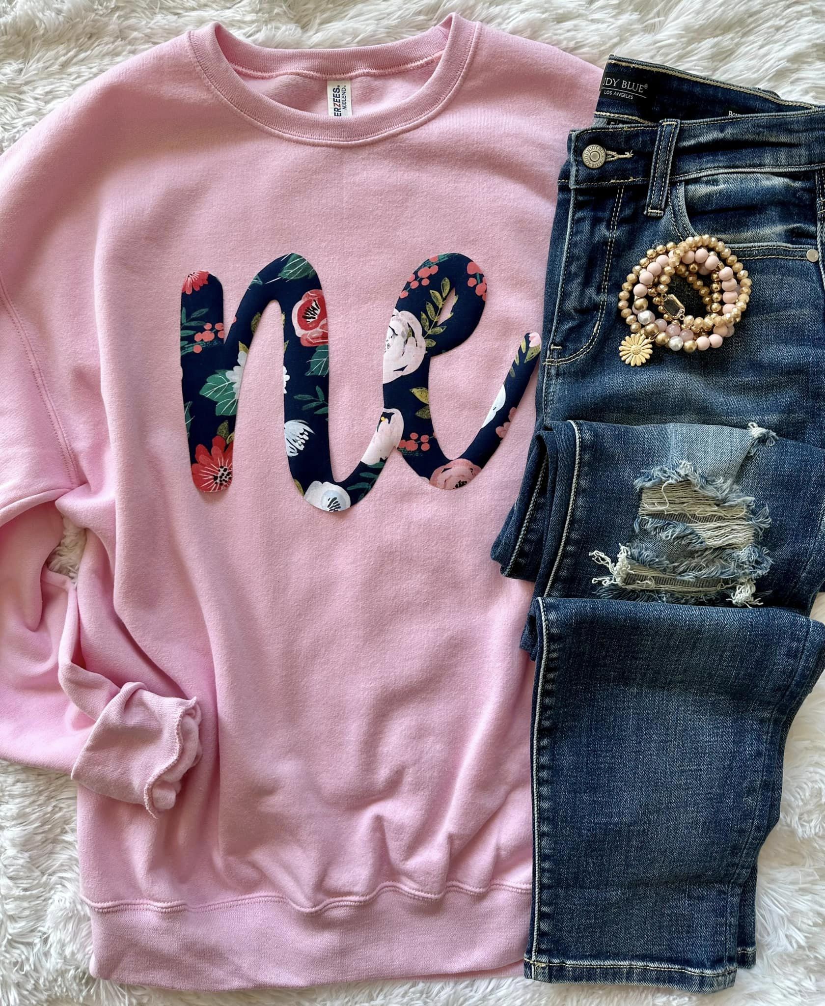 Cursive State Floral Sweatshirt featuring a unique hand-sewn state fabric design on Rabbit Skins, Jerzees, and Gildan unisex sweatshirts.