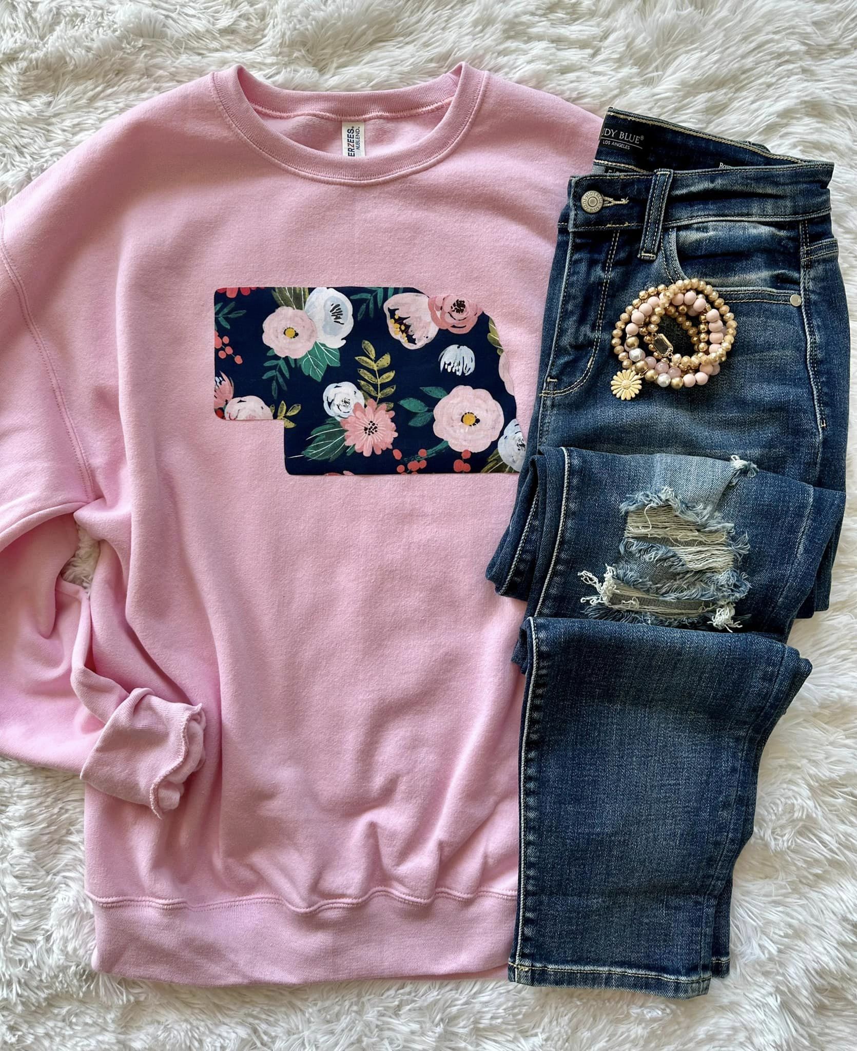 Navy Floral State Sweatshirt featuring a hand-sewn state fabric design on Rabbit Skins and Jerzees Gildan unisex sweatshirts.