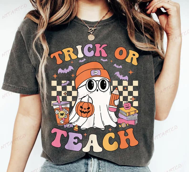 Trick Or Teach Tee with Halloween design, printed on Comfort Colors fabric.