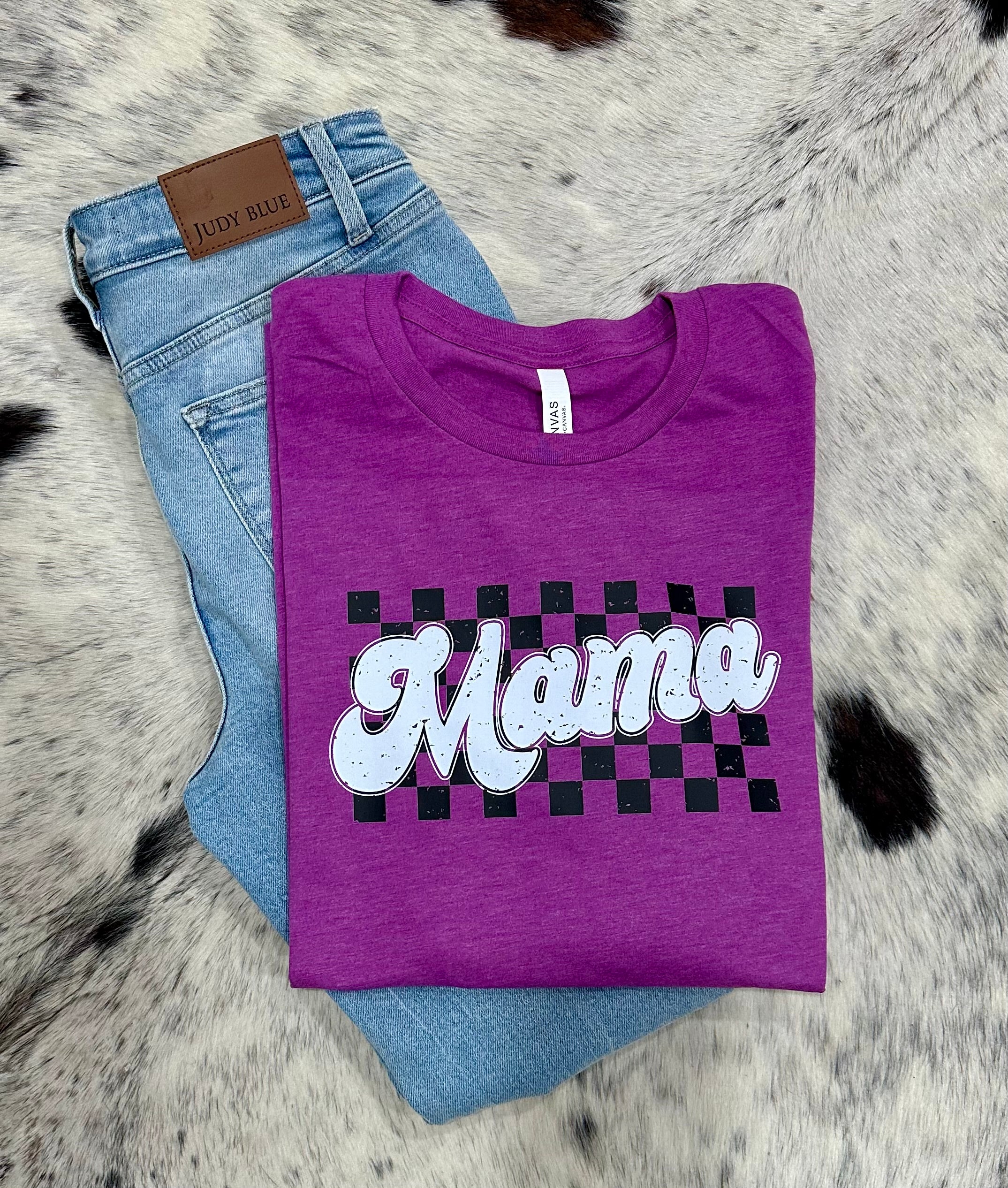 Checkered Mama Tee with checkered print design, printed on Heather Magenta Bella + Canvas tee.