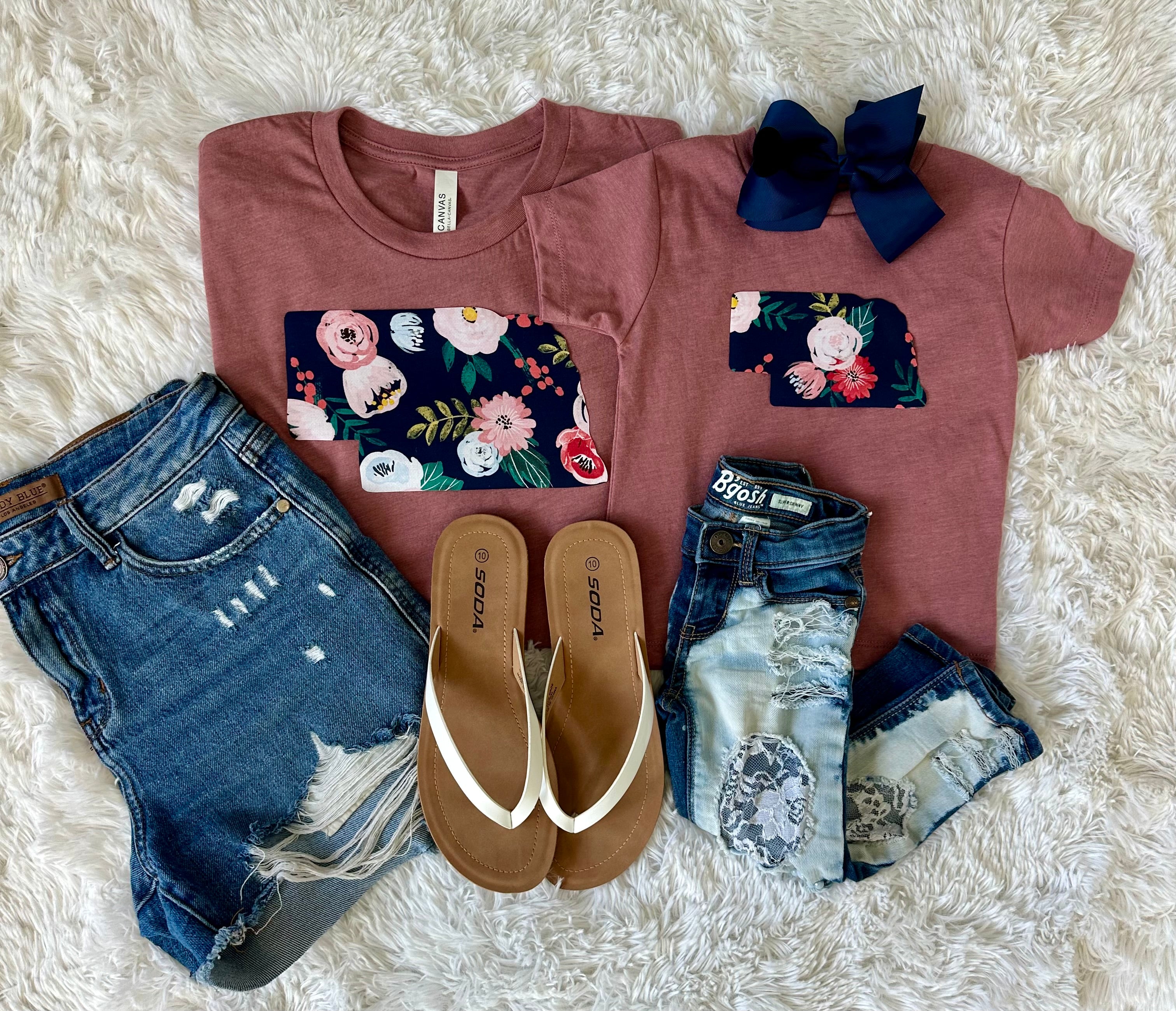 Floral State Tee on a Bella + Canvas shirt, showcasing a unique hand-sewn state fabric design.