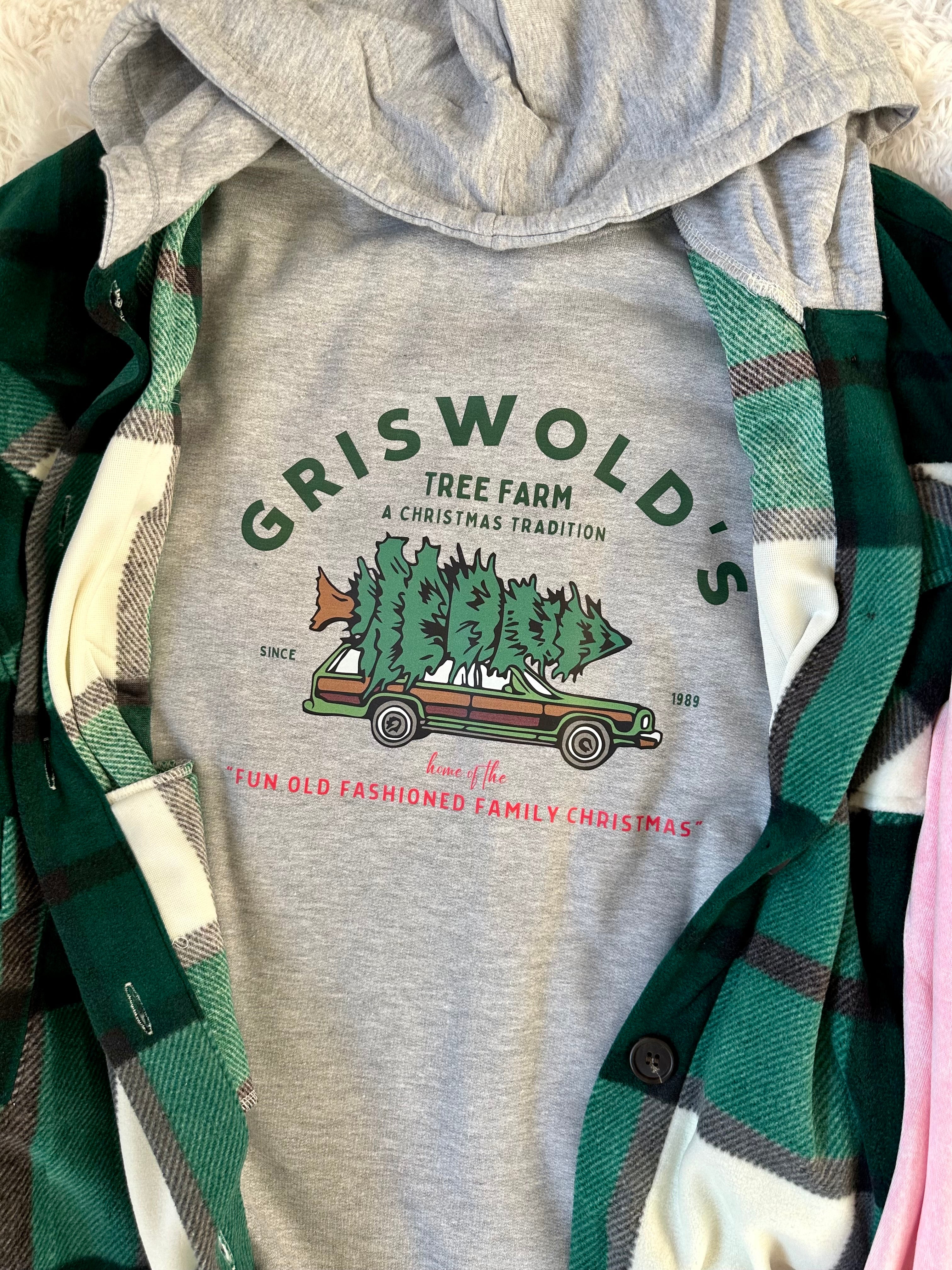 Griswold Tree Farm Gray Sweatshirt with holiday design, printed on unisex Tultex fabric.