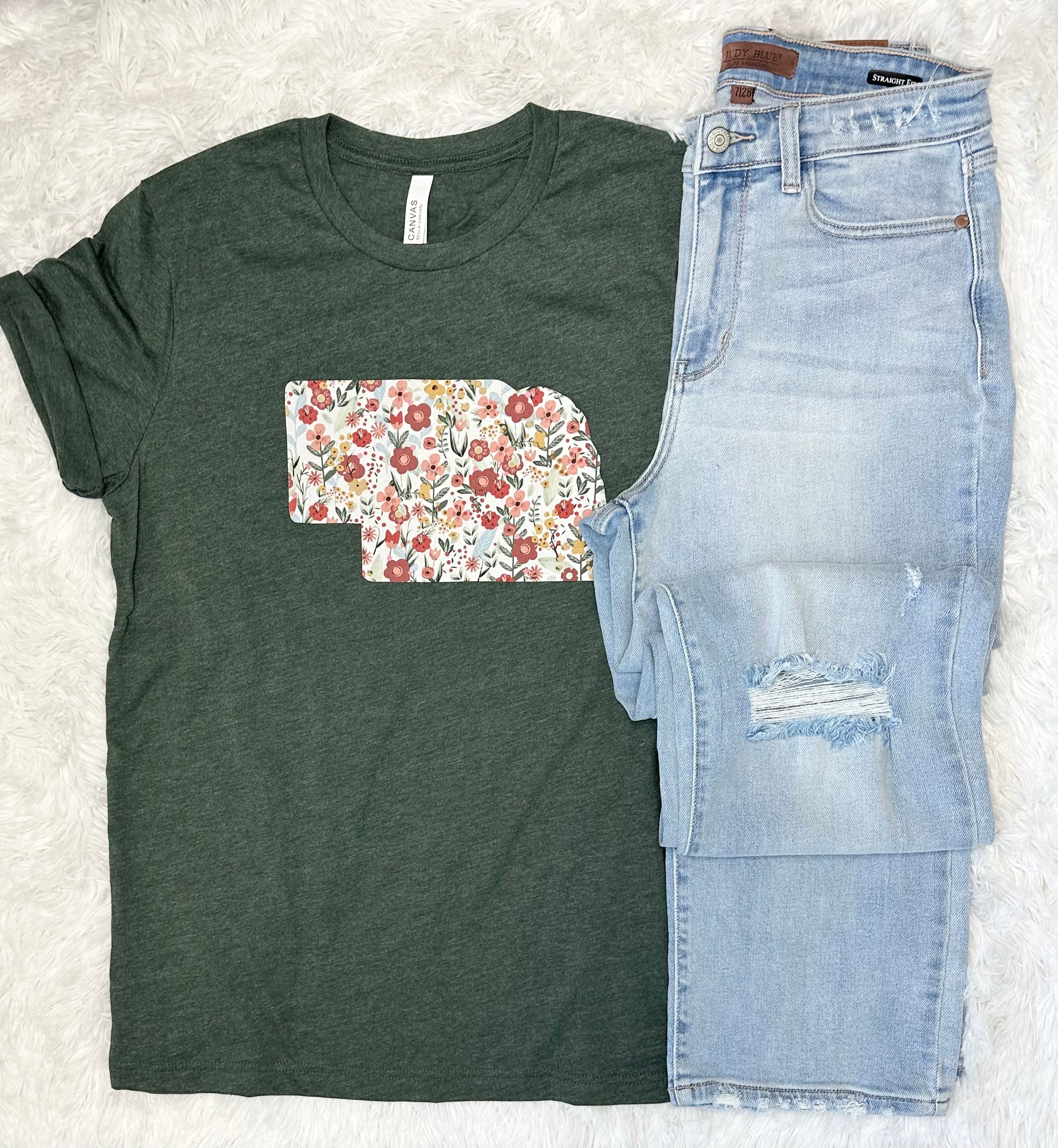Fall Floral State Tee on a Bella + Canvas shirt, featuring a unique hand-sewn state fabric design.
