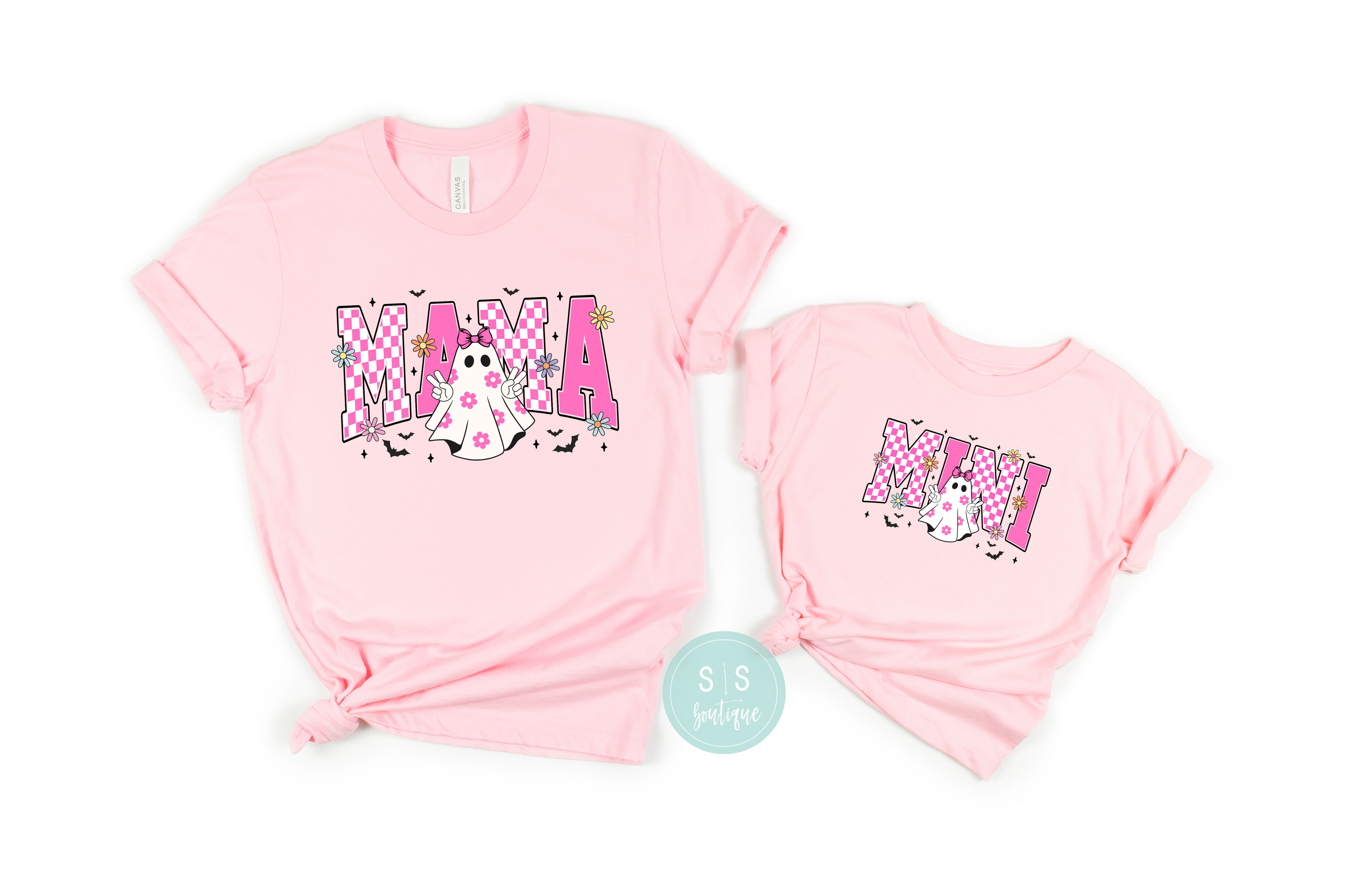 Pink Mama + Mini Ghost Tee with Halloween ghost design, printed on Bella + Canvas tees.