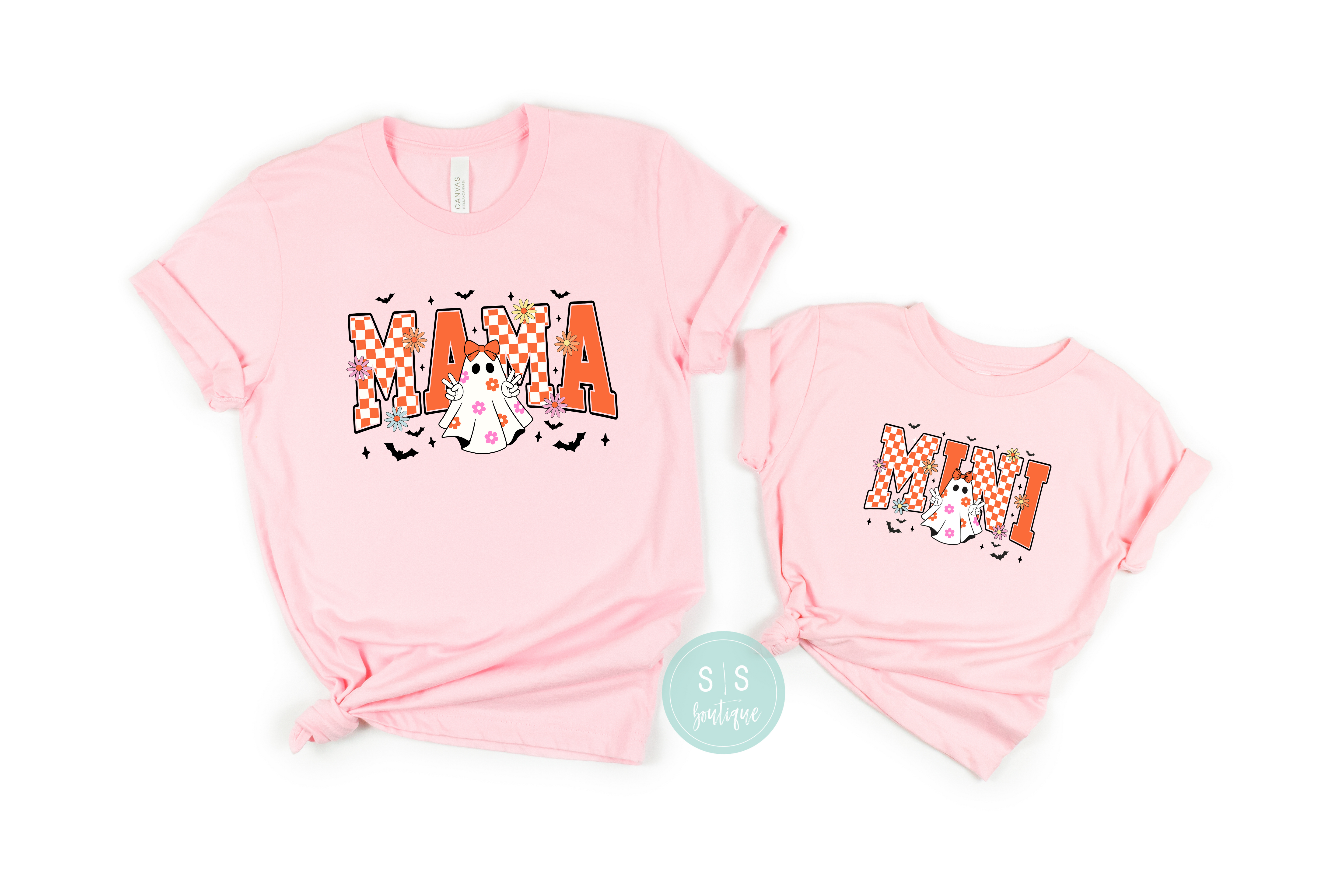 Orange Mama + Mini Ghost Tee with Halloween ghost design, printed on Bella + Canvas tees.
