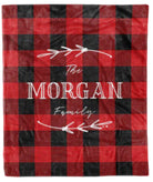 Custom Red Plaid Minky Blanket with personalized design, white minky back, available in two sizes, pre-order item with 6-week delivery time.