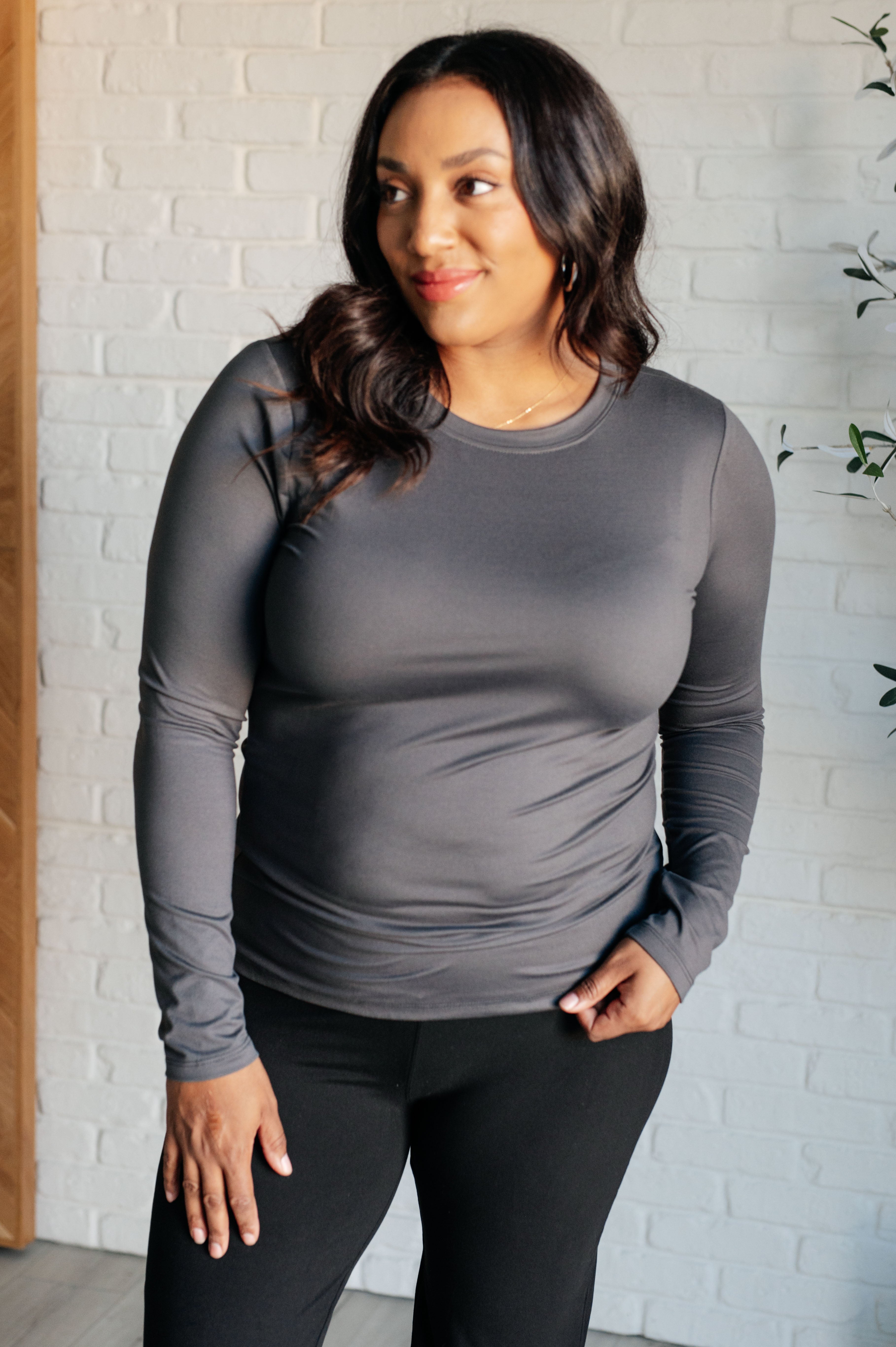 alternate view of Basically Perfect Brushed Microfiber Tee in Ash Grey, long sleeve, form-fitting women’s top from Simply Styled Boutique.