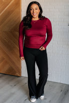 zoomed out plus size view of Basically Perfect Brushed Microfiber Tee in Cabernet, long sleeve, form-fitting women’s top from Simply Styled Boutique.