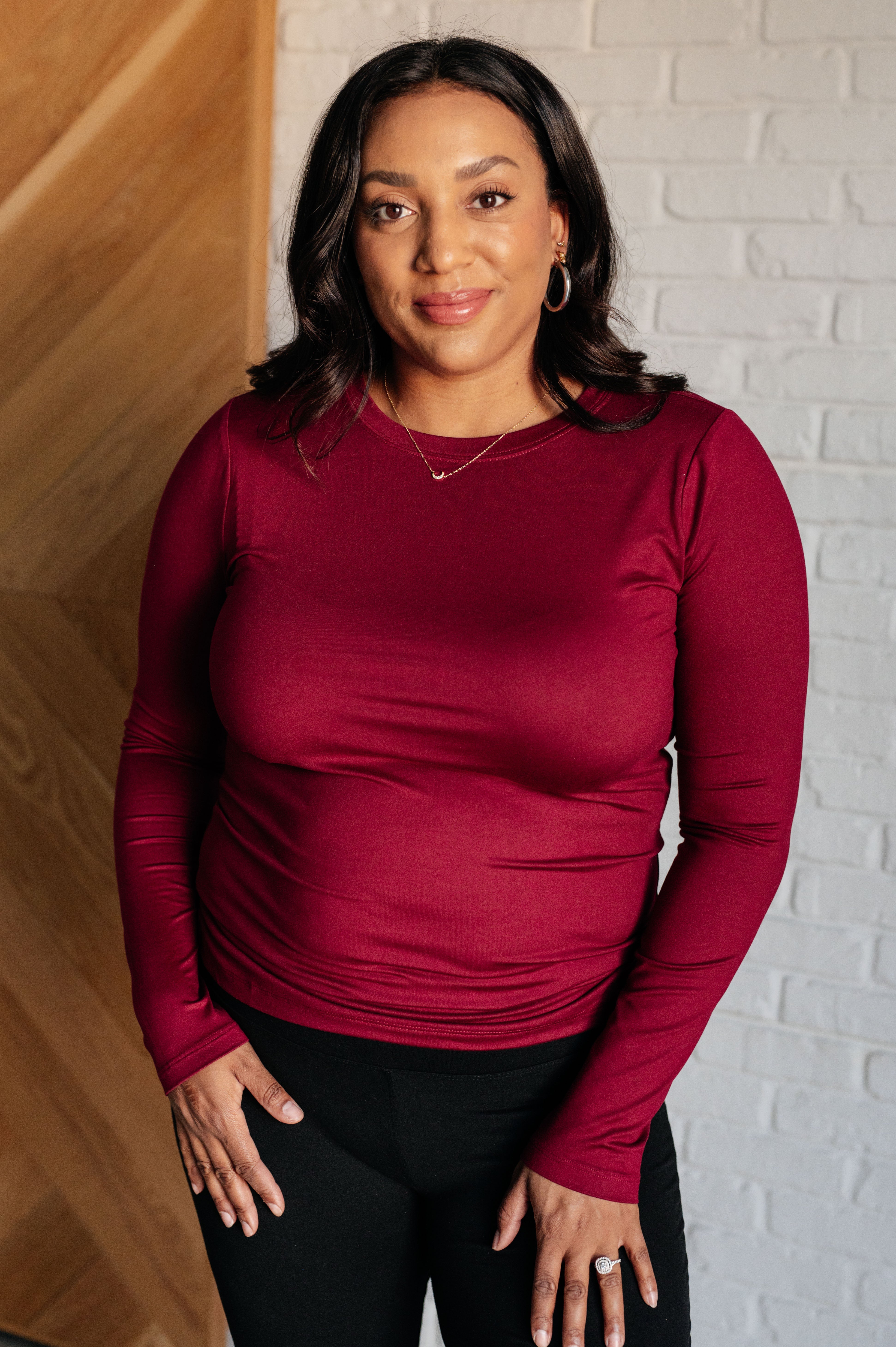 plus size front view of Basically Perfect Brushed Microfiber Tee in Cabernet, long sleeve, form-fitting women’s top from Simply Styled Boutique.