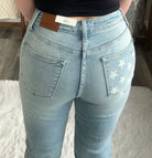 Sam Mid Rise Boyfriend Jeans with Distressed Finish and Star Patterned Pockets