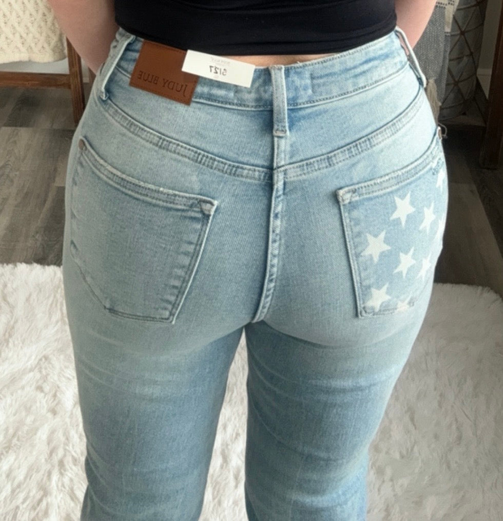 Sam Mid Rise Boyfriend Jeans with Distressed Finish and Star Patterned Pockets