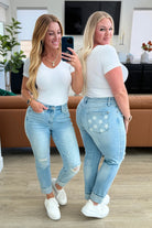 multiple view of Sam Mid Rise Boyfriend Jeans with Distressed Finish and Star Patterned Pockets