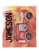 Custom Watercolor Fire Truck Blanket with soft minky fabric, personalized design, pre-order item, available in two sizes.