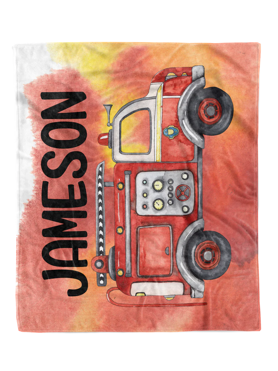 Custom Watercolor Fire Truck Blanket with soft minky fabric, personalized design, pre-order item, available in two sizes.