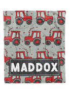 Custom Tractor Hearts blanket with personalized design, soft minky fabric, and white back