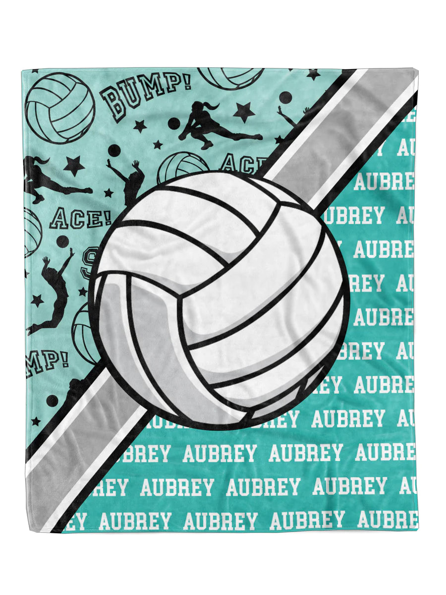 Custom Volleyball Action Blanket with personalized design, soft minky fabric, available in two sizes, pre-order item, white minky back.