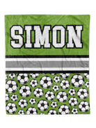 Custom Soccer Split Minky Blanket, personalized design, available in 30x40 and 50x60 sizes.