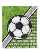 Custom Soccer Action Minky Blanket, personalized design, available in 30x40 and 50x60 sizes.