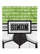 Custom Soccer Zoom Minky Blanket, personalized design, available in 30x40 and 50x60 sizes.