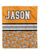 Custom Basketball Split Blanket with personalized design on soft Minky fabric, available in 30x40 and 50x60 sizes, white Minky back.
