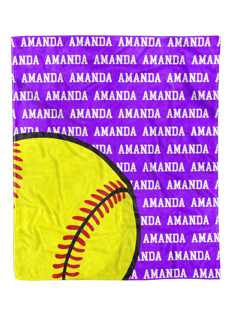 Custom Softball Name Minky Blanket, personalized design, available in 30x40 and 50x60 sizes.