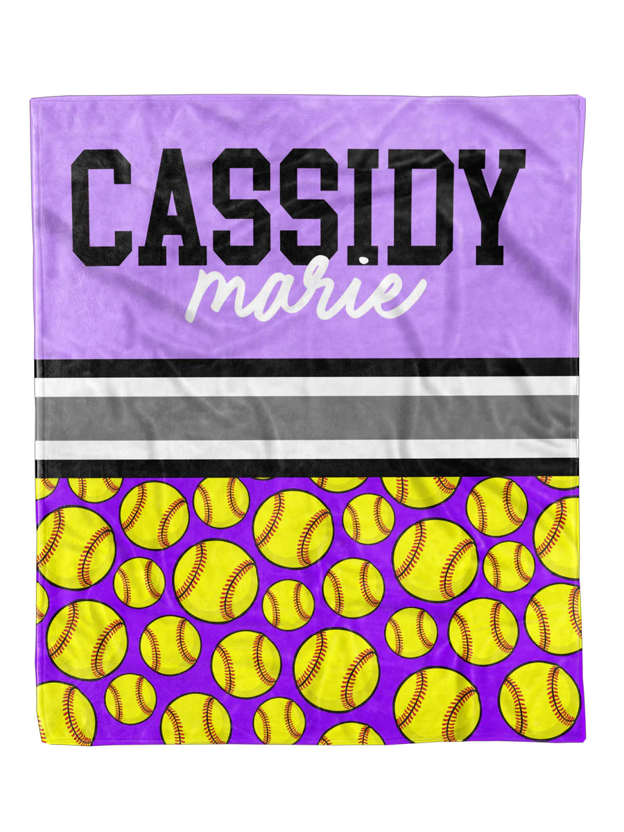 Custom Softball Split Minky Blanket, personalized design, available in 30x40 and 50x60 sizes.