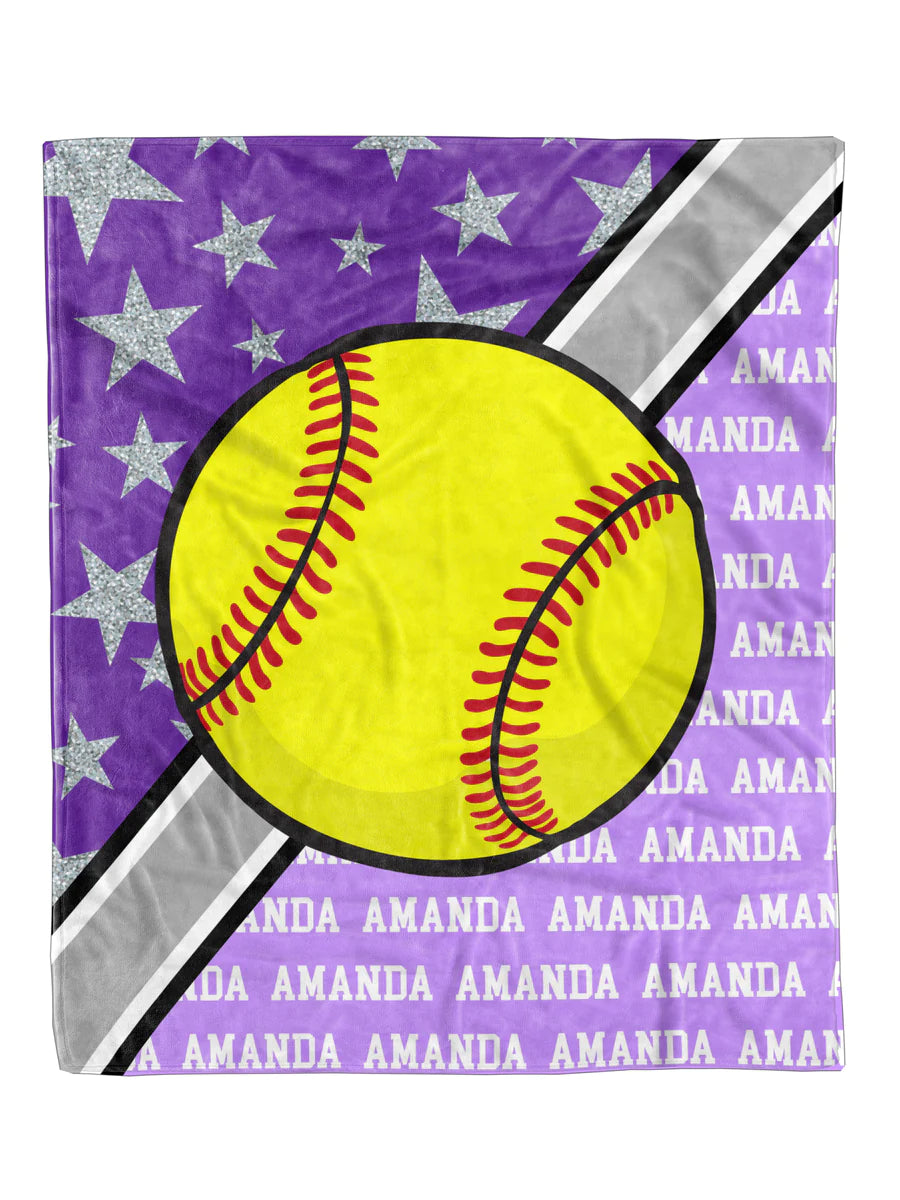 Custom Softball Action Minky Blanket, personalized design, available in 30x40 and 50x60 sizes.