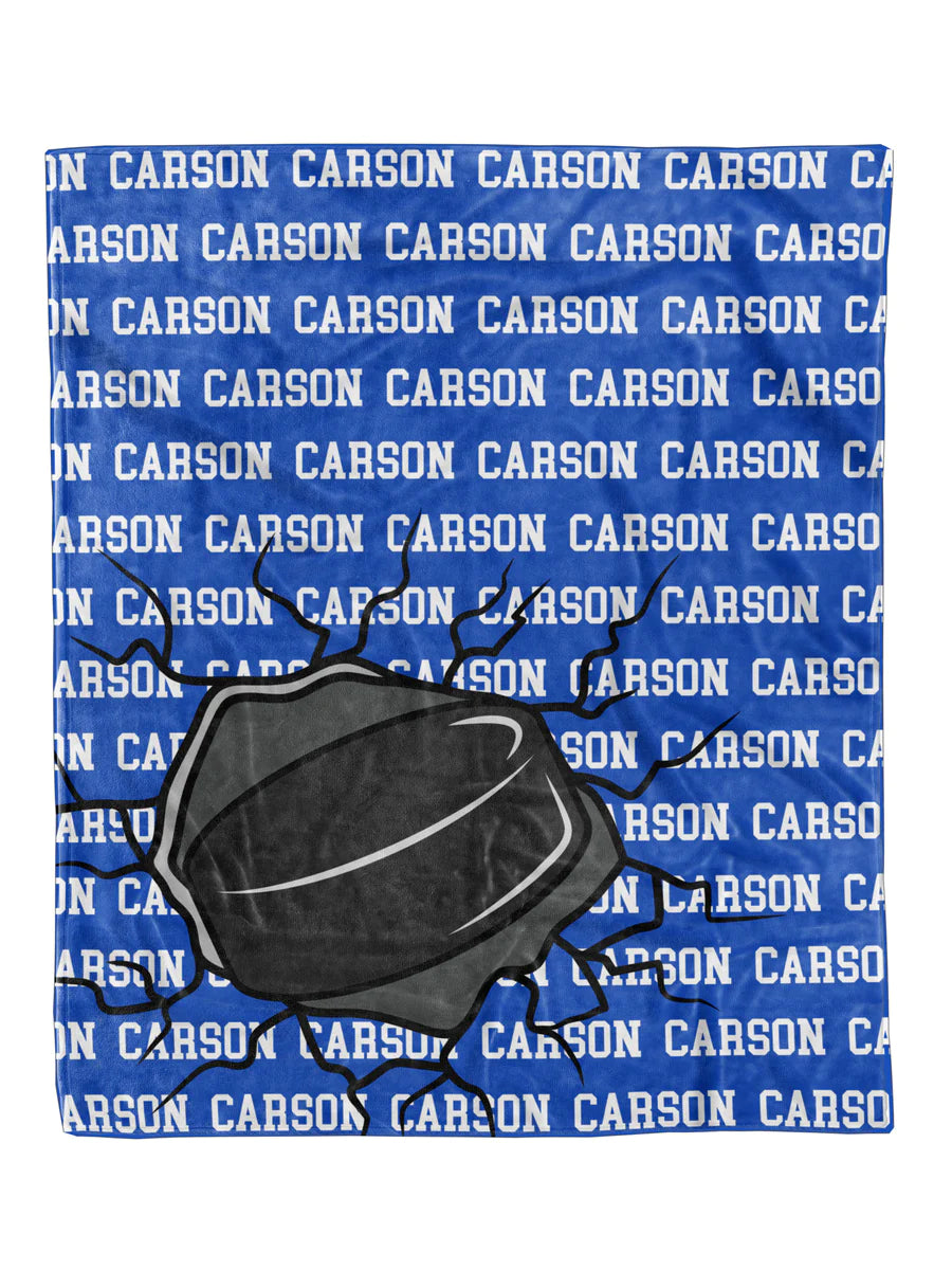 Custom Hockey Name Minky Blanket with personalized design, available in 30x40 and 50x60 sizes.