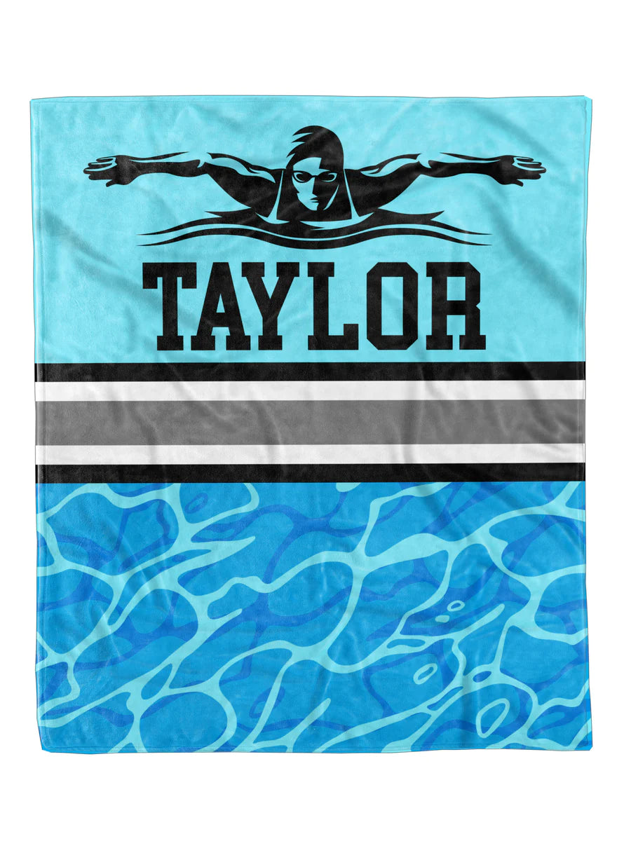 Custom Swim Icon Minky Blanket, personalized design, available in 30x40 and 50x60 sizes.