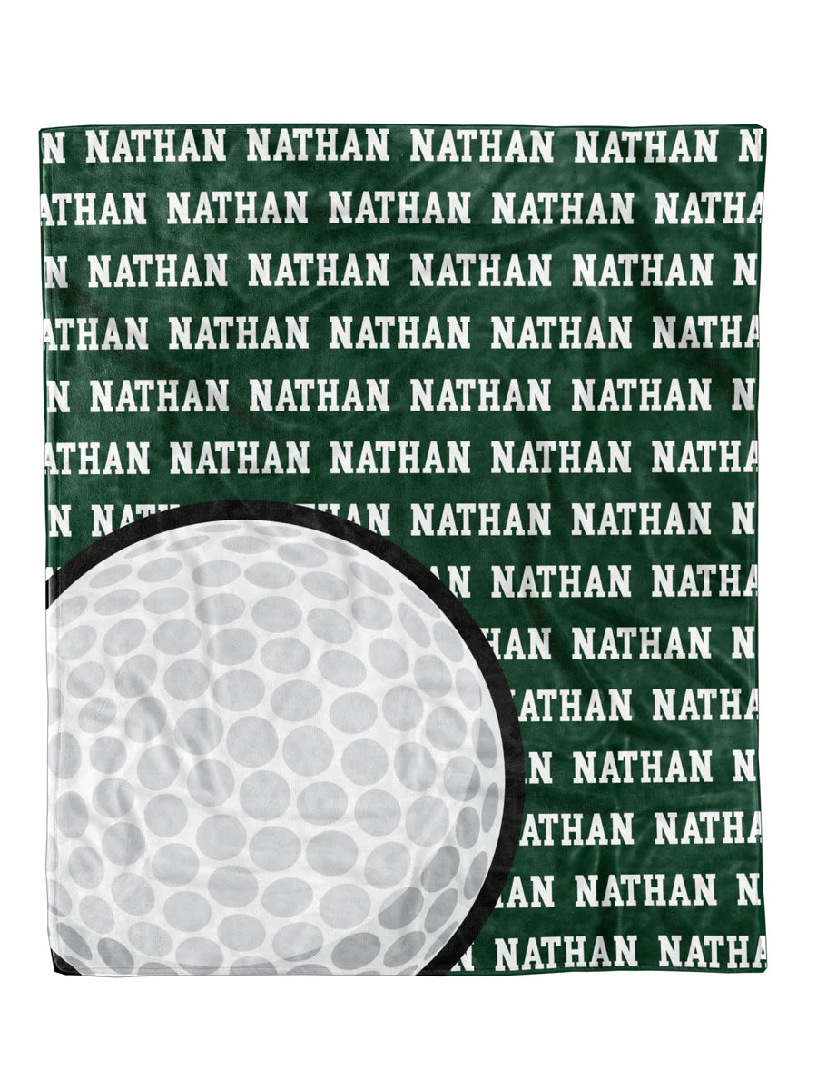 Custom Golf Name Blanket with personalized design in soft Minky fabric, available in 30x40 and 50x60 sizes.