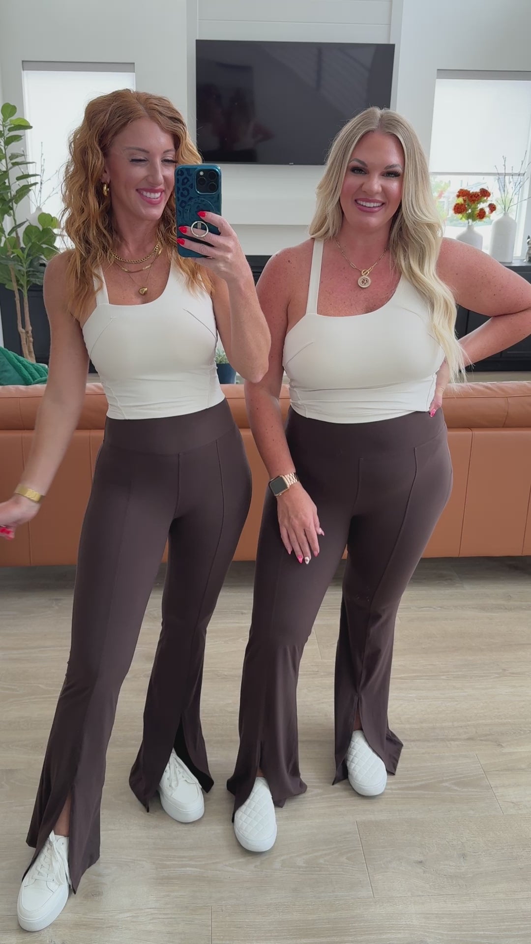 video showing detail of Stamina Stride flare leggings in Espresso, high waist with coin pocket, front slit, brushed microfiber fabric, shown in various sizes